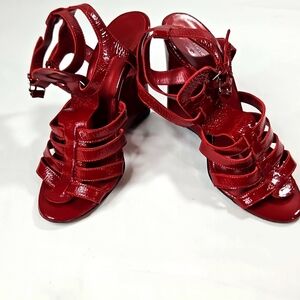 Balenciaga Red Patent Leather Wedge Shoes Sleek Modern Design Size 38